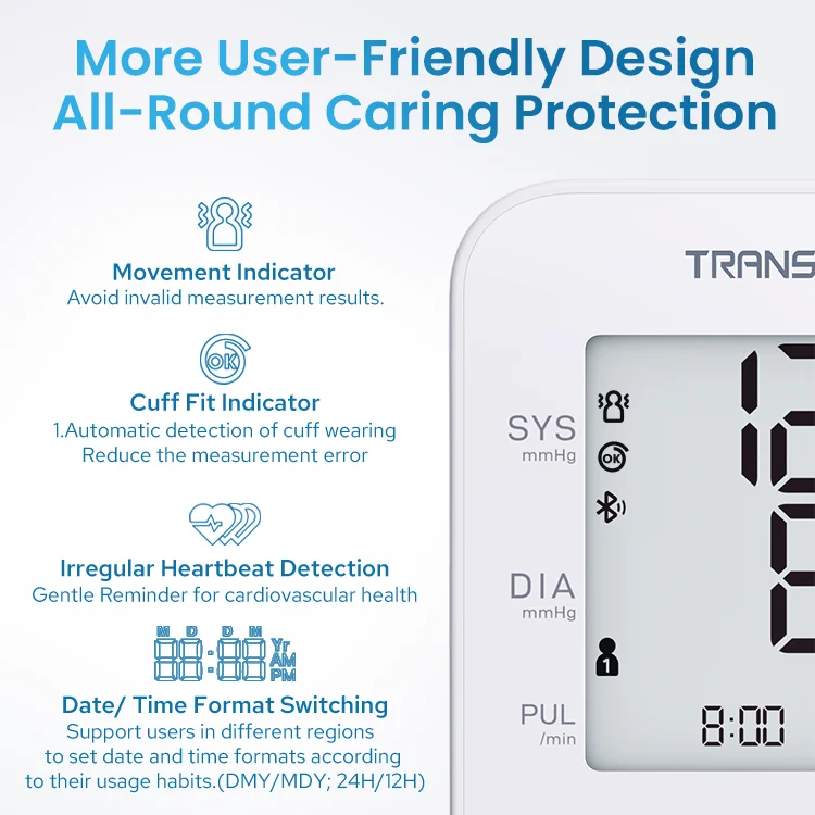 TRANSTEK Medical Supplier Upper Arm Wireless BP Machine Tenciometro Digital Intelligent Blood Pressure Meter with Bluetooth