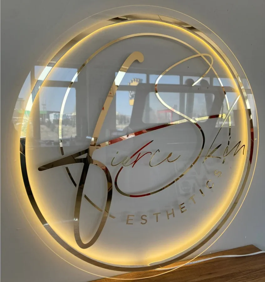 Acrylic Salon Sign Business Name Illuminated Sign Gold Mirror 3D Logo Type