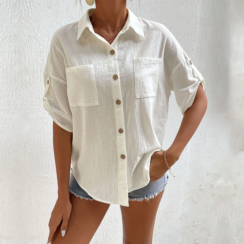 Latest arrivals 2022 summer ladies white blouse female solid short sleeve loose elegant shirt women casual blouses