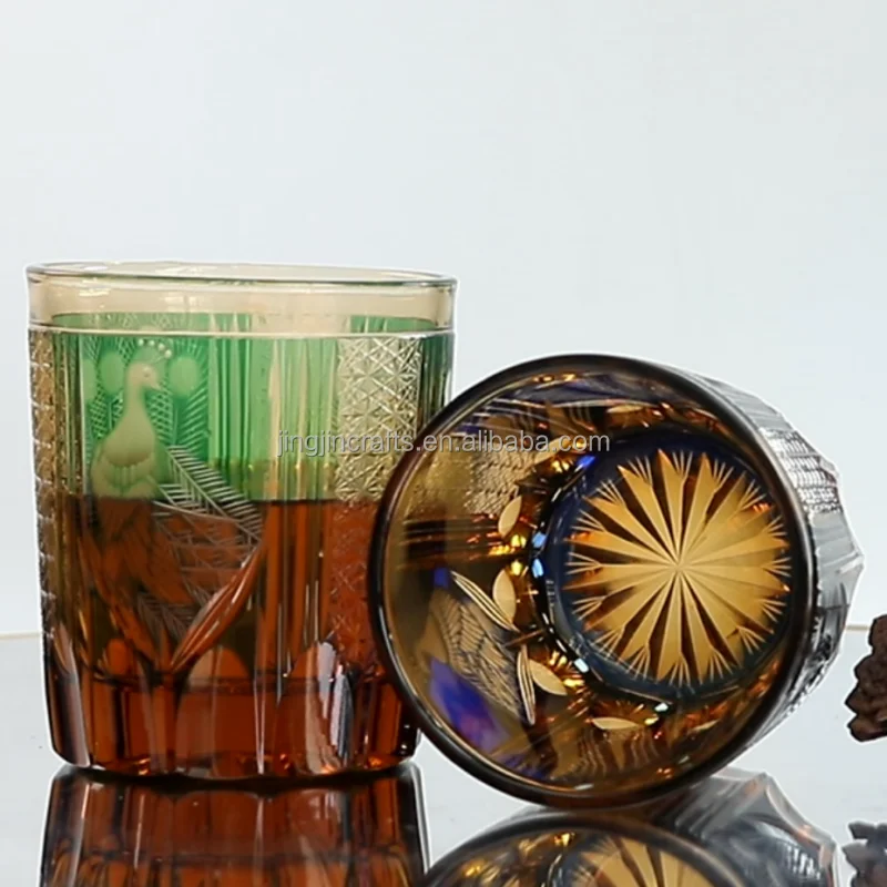 240 ml Pair Of Green Blue Hand Carved  Whiskey Glasses Peacock Edo Kiriko old fashioned glass with gift box for Brandy Bourbon
