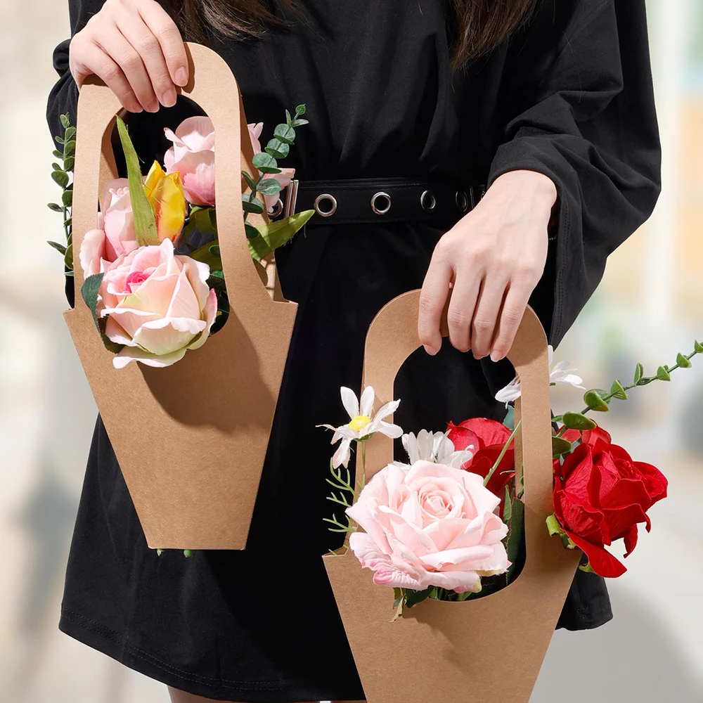 Custom Creative Kraft Paper Flower Bags Flowers Wrapping Gift Packaging Bouquet Flower Holder Paper Bag with Handle
