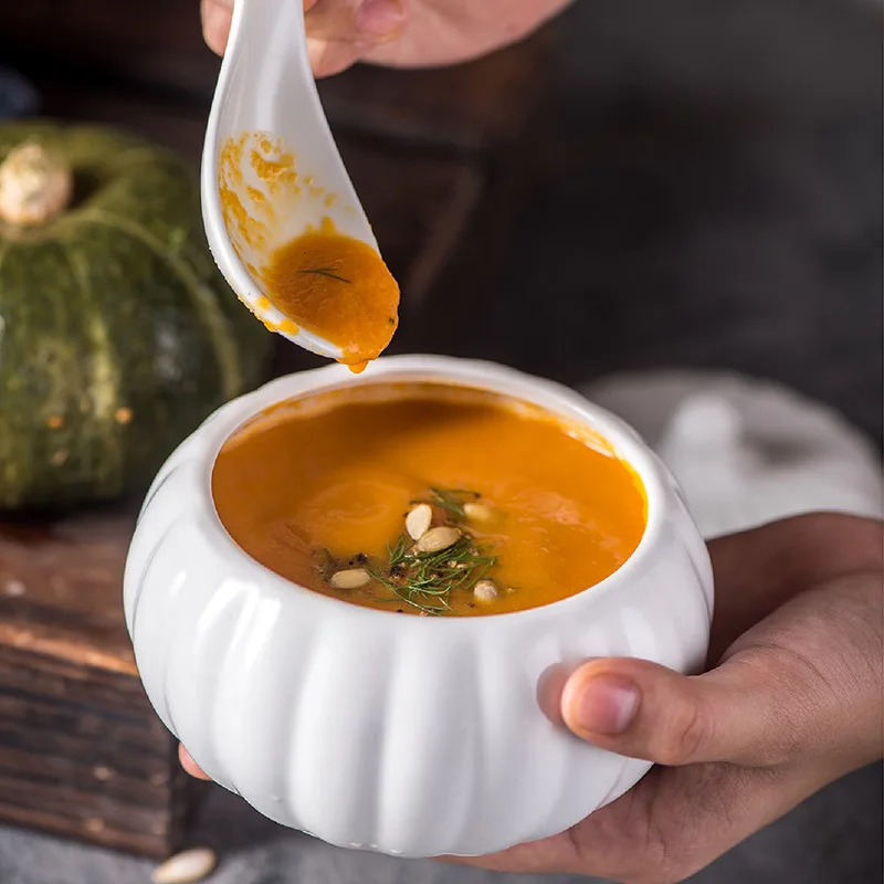 400ml wholesale microwave oven and dishwasher safe white pumpkin ceramic soup bowl with lid
