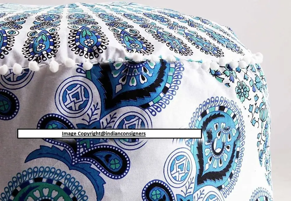 Handmade Cotton Peacock Mandala Pouf Cover Modern Chair Stool Ottoman Cover in Multiple Colors for Home Living Room