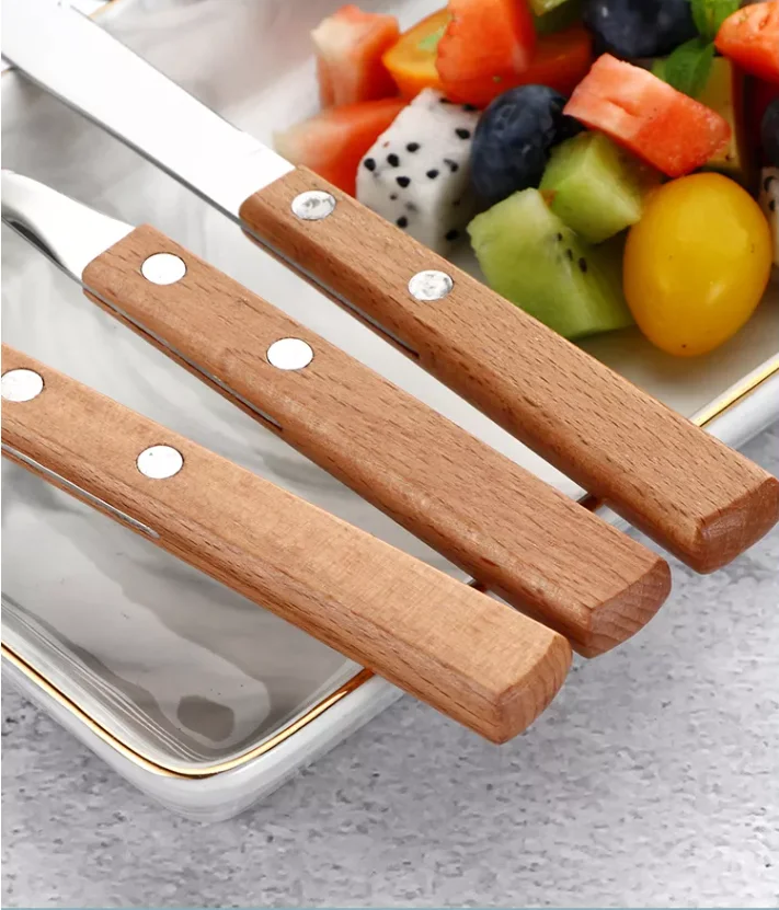 Luxury korean woden cutlery set  Knife Fork Spoon Set Wooden Handle Stainless Steel bulk Cutlery for restaurant hotel