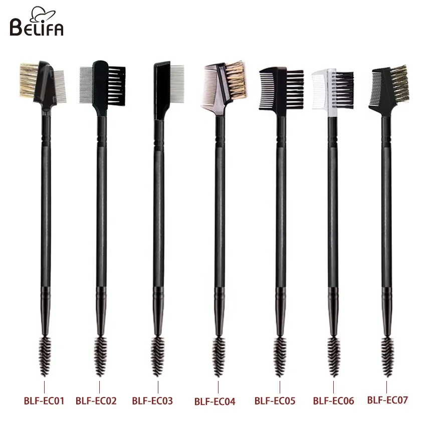 Custom logo eyebrow mascara wand spoolie brush double end wooden handle lash and eyebrow comb eyelash brush with brow groomer