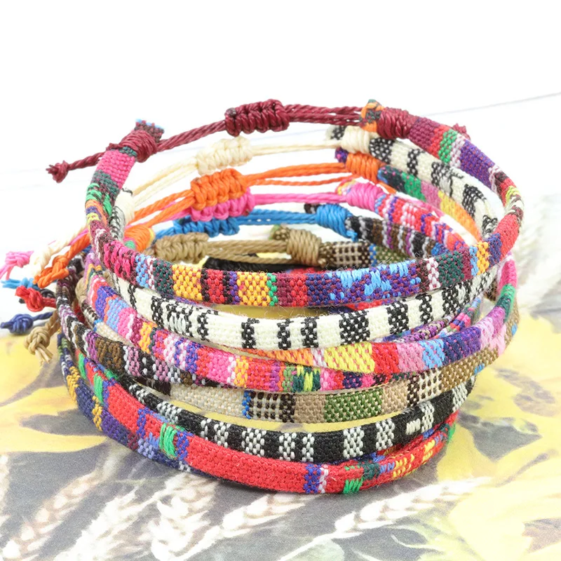 Women Woven Fabric Bracelet Men Handmade Rope Braid Knot Beach Barefoot Weave Ethnic Boho Adjustable Charm
