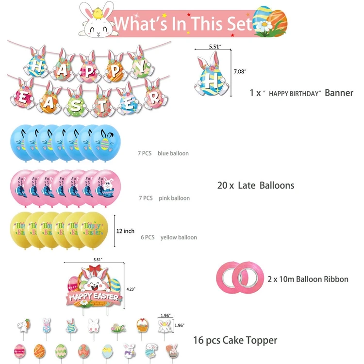 Easter Party Decorations Kit 12 Inch Printed Latex Balloons Happy Easter Banner Egg Bunny Cake Toppers Kids Party Decor KK015