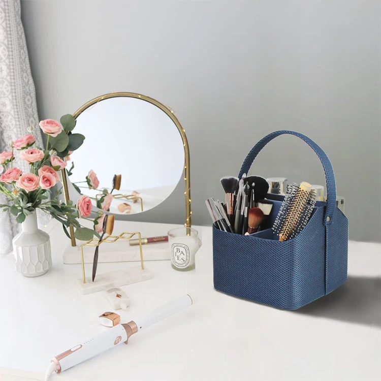 Blue mesh cloth remote control holder/makeup brush storage desktop organizer with handle