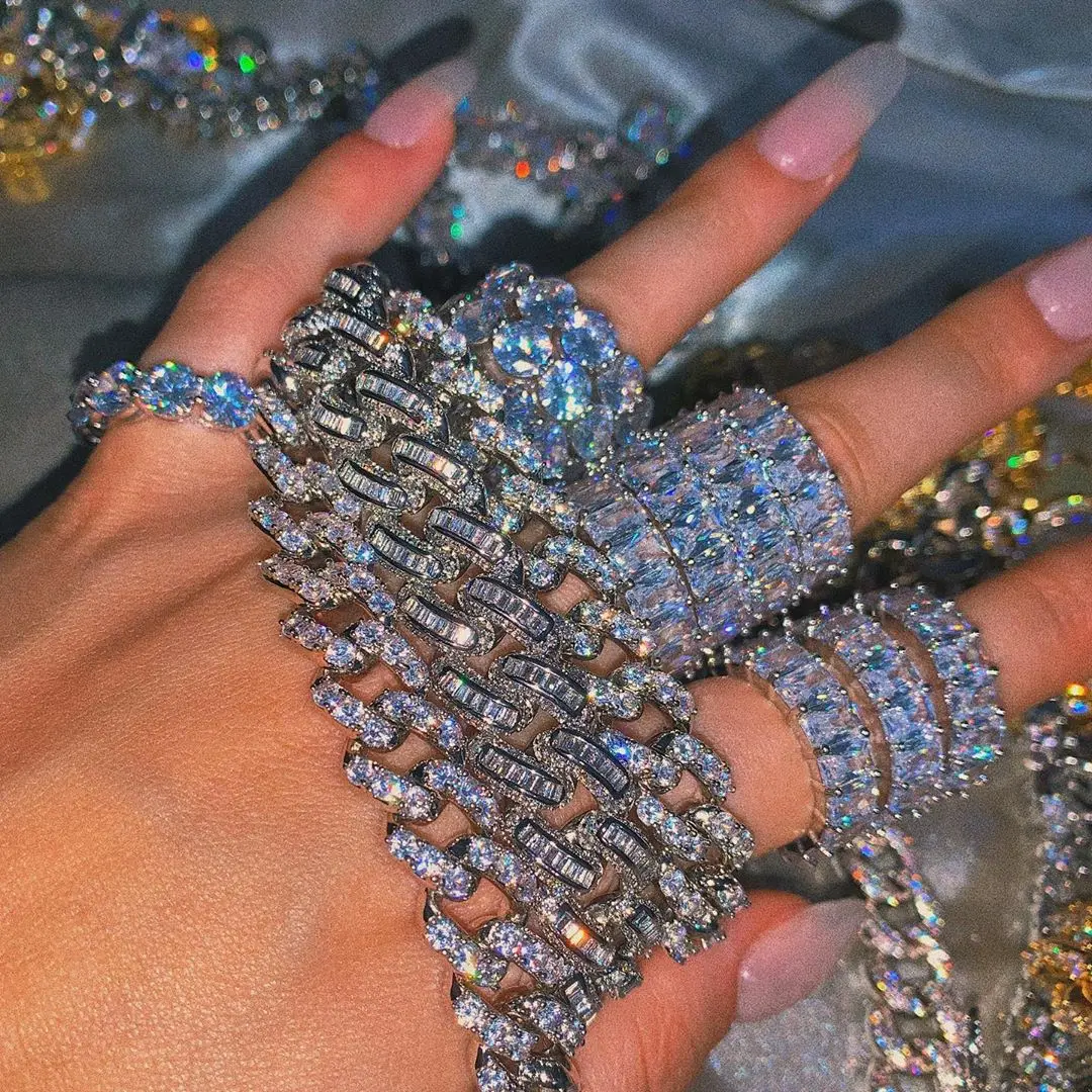 Barlaycs 2021 Fashion Engagement Diamond Stainless Steel Cuban Link Chain Necklace Jewelry Women and Men Zircon Weeding Rings