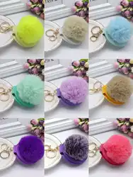 Mirror Pendent Fluffy Rabbit Fur Pompom Keychain for female gift
