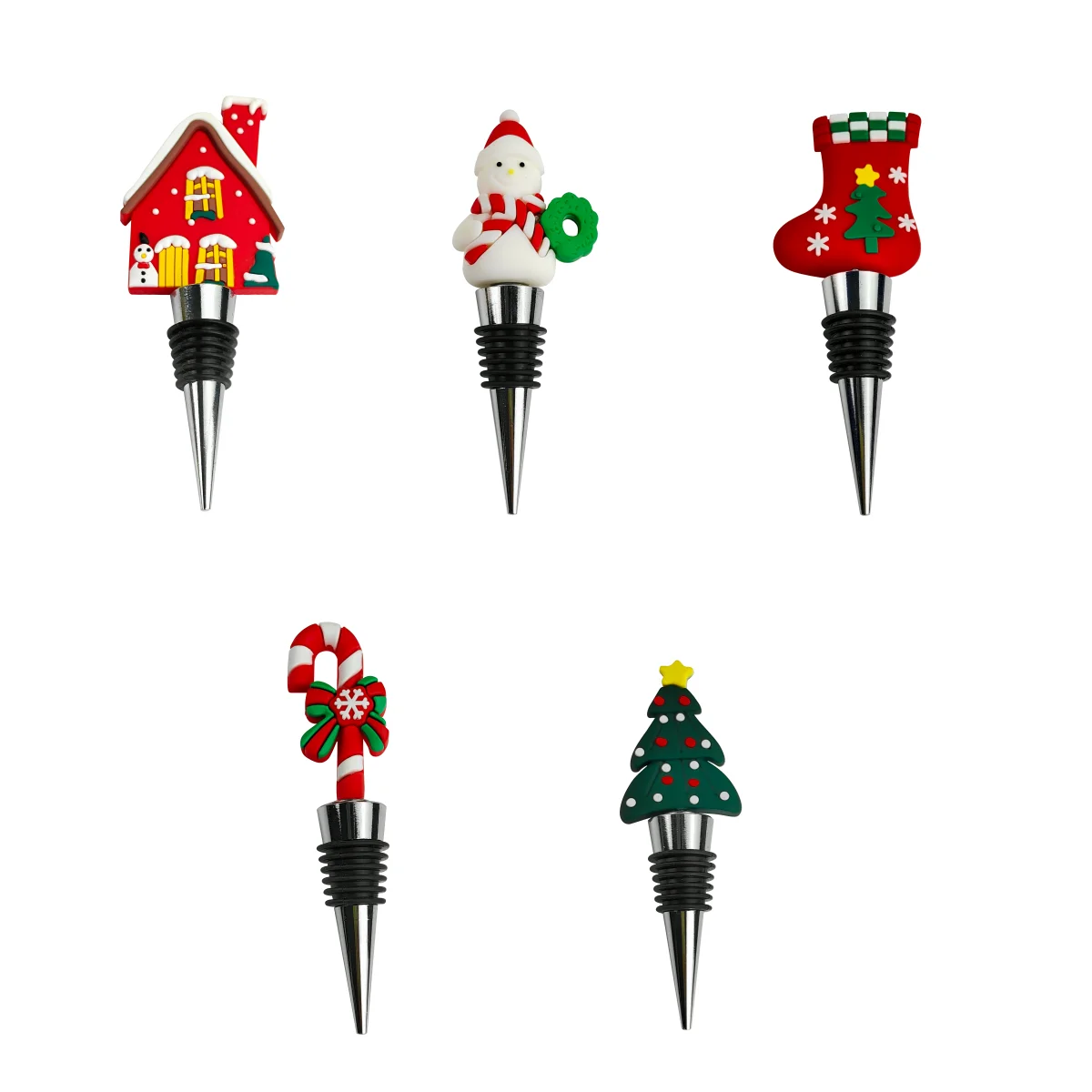 Available in a Set of 5 Christmas Theme Collectible Wine Bottle Stoppers Resin Wine-Saving Sealer Topper