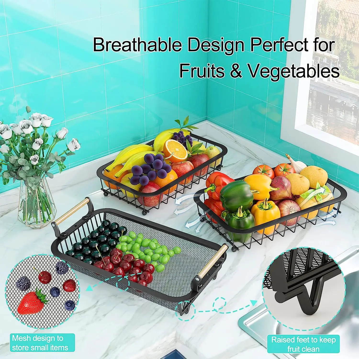 3 Tier Fruit Basket Bowl with 2 Banana Hangers for Kitchen Counter, Vegetable Countertop Produce Storage Holder