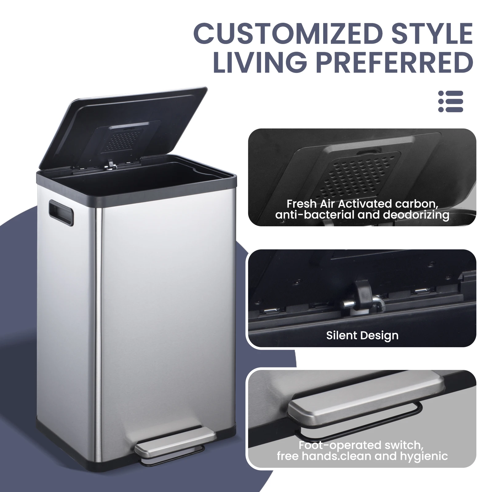 Sleek 50L 13 Gallon Kitchen Step Trash Can Durable Stainless Steel Waste Bin with a Silent and Soft-Close Lid for Modern Homes