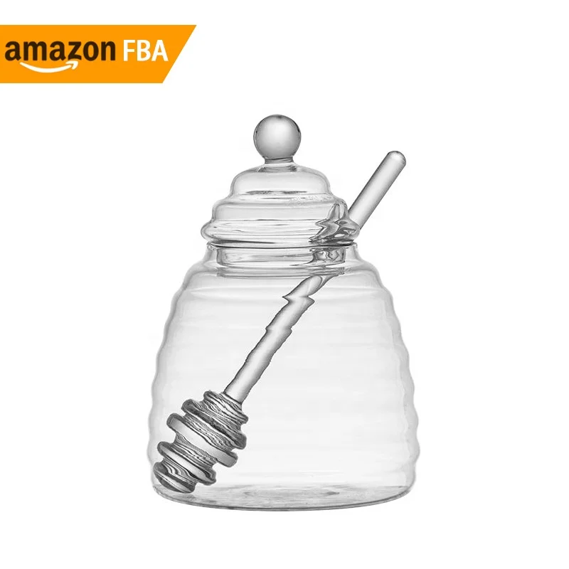 Home and Kitchen Honey Jar with Dipper and Lid Glass Kitchen Food Travel Glass Containers CLASSIC Round Glass Pot