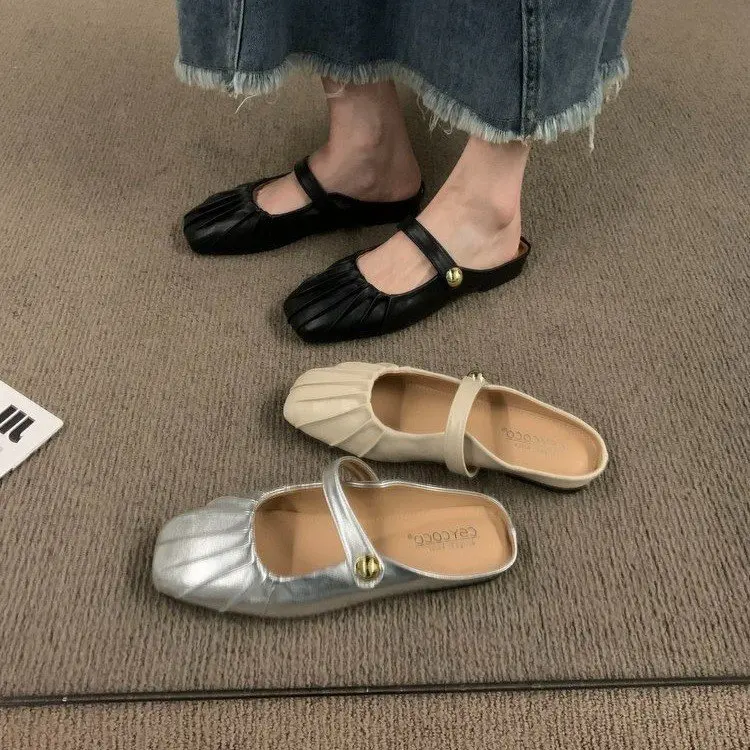 High-quality luxury brand silver baotou half drag flat sandals women wear 2023 new Muller flip-flops women