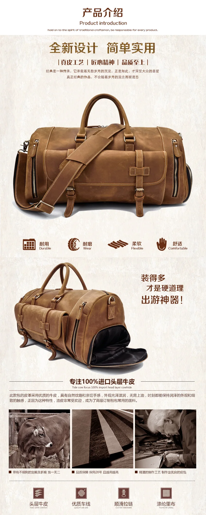 Andong Travel Duffel Bag Handbag for Men Genuine Cow Leather Large Capacity Travel Outdoor Shoulder Bags Handbags Crazy Horse