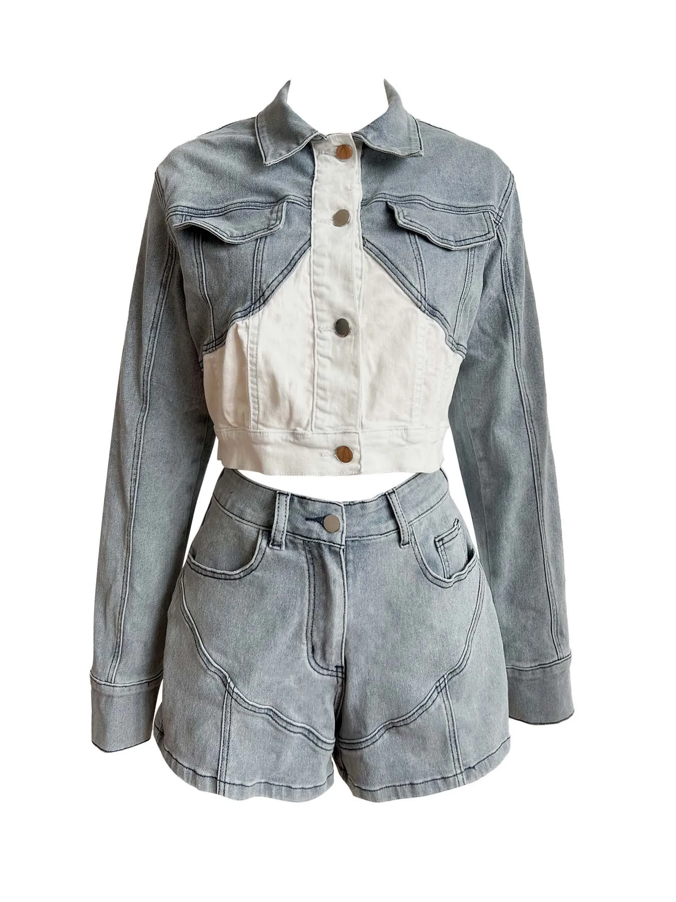 2024 New Color Block Stretch Denim Two Piece Set with Denim Jacket and Shorts Casual Fashion Outfit
