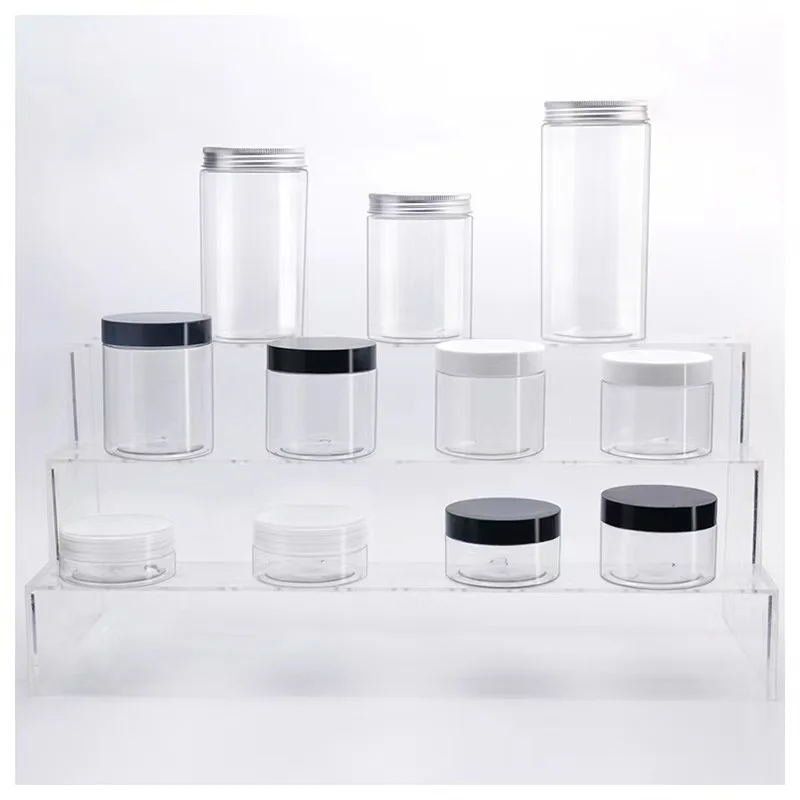 
50ml 80ml 100ml 120ml 150ml 200ml 250ml Cosmetic Packaging clear container and Colorful lids gold Plastic pet Jar 