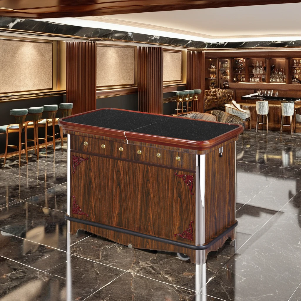 European Style Pull-close Luxury Mahogany Abalone Cart Mobile Flambe Cooking Trolley with Double Gas Stove and Wheels for Hotel