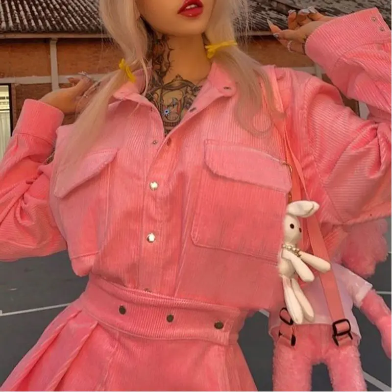 New High Quality Women Skirt Set Corduroy Shirt Jacket Sexy High Waist Pleated Skort Suit 2 Piece Fashion Lady Skirt Set