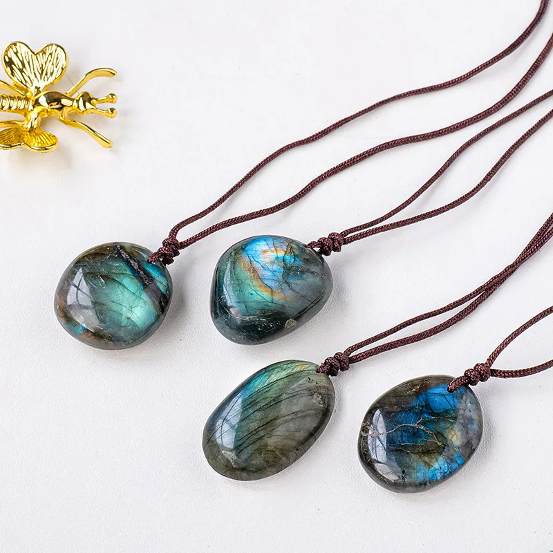 Natural tumbled natural quartz Irregular labradorite Pendant crystals healing stone shand woven adjustable pebble necklace
