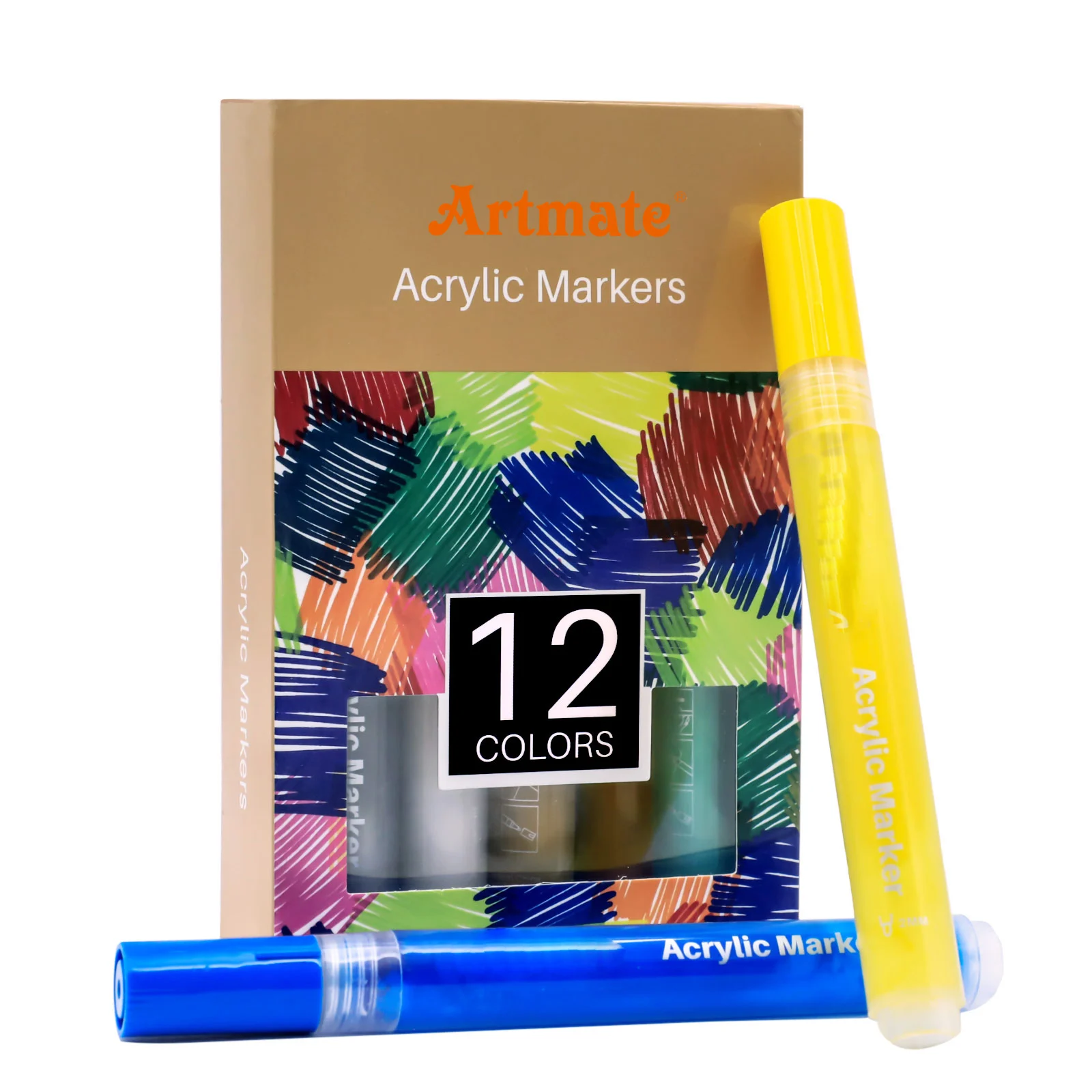 Artmate Acrylic Art Makers Acrylic Marker Pens 12 Colors for Rock Glass Ceramic Wood Canvas Fabric