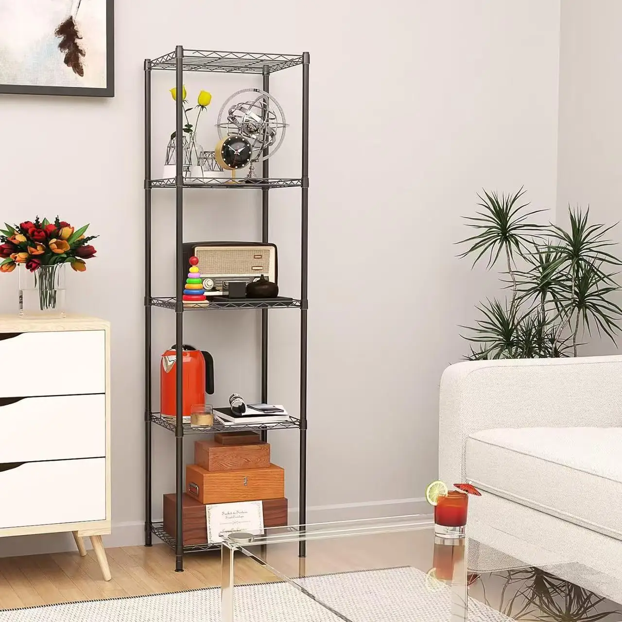 Cheap Price 5 Tier Wire Shelf DIY Rolling Black Powder coating  Metal Wire Shelving