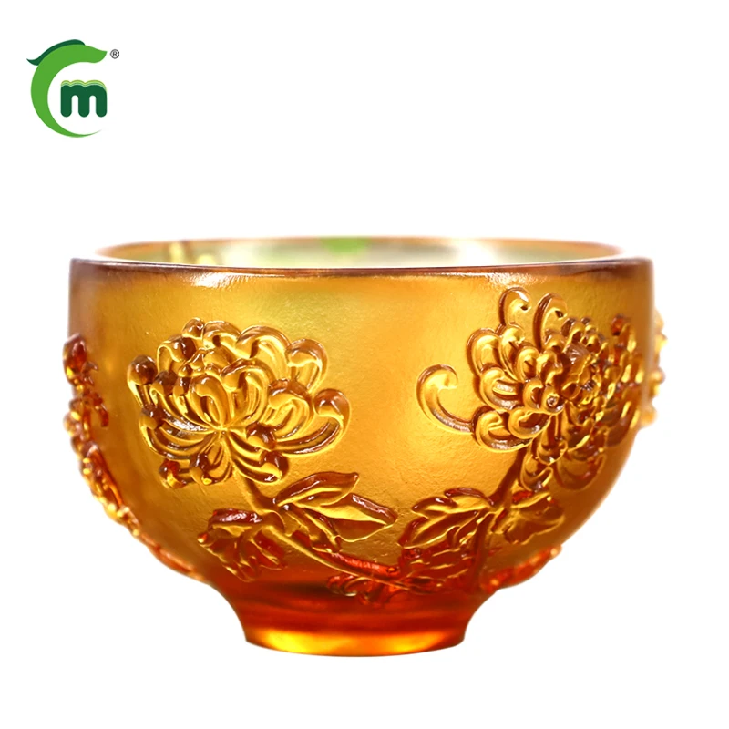 Hand Carved Crystal Cup Coffee and Tea Cups in Chrysanthemum Design for Home Decoration or Gift Crafted in Light Theme