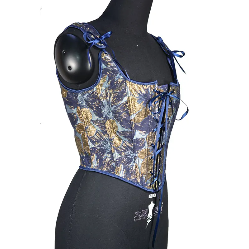 Blue Gold Flower Bustier Half Breast Fishbone Corset Front Strap U Collar Leaf Print Vest Woman Vintage Chest Wrap Court Corset