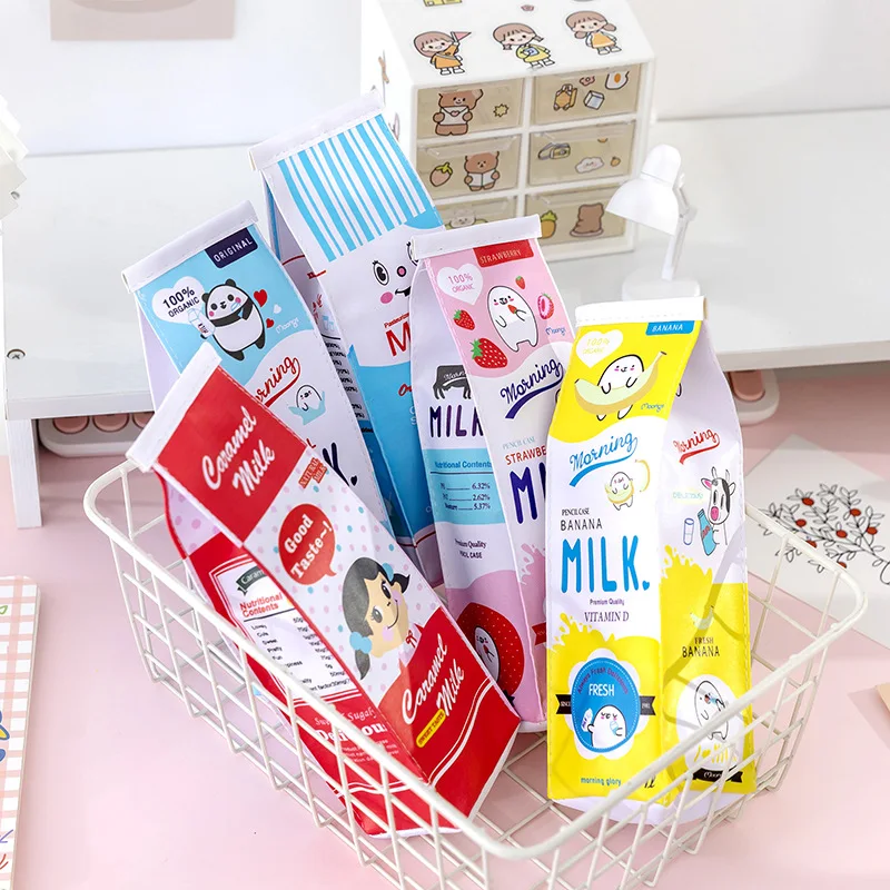 Cute PU waterproof Cartoon milk box pen bags school Stationery pencil bags cute pencilcase