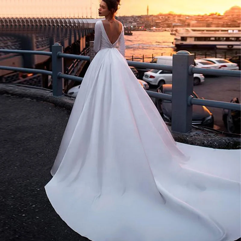 Hongkong Full Sleeve Satin Sexy Open Back Wedding Dresses With Long Train