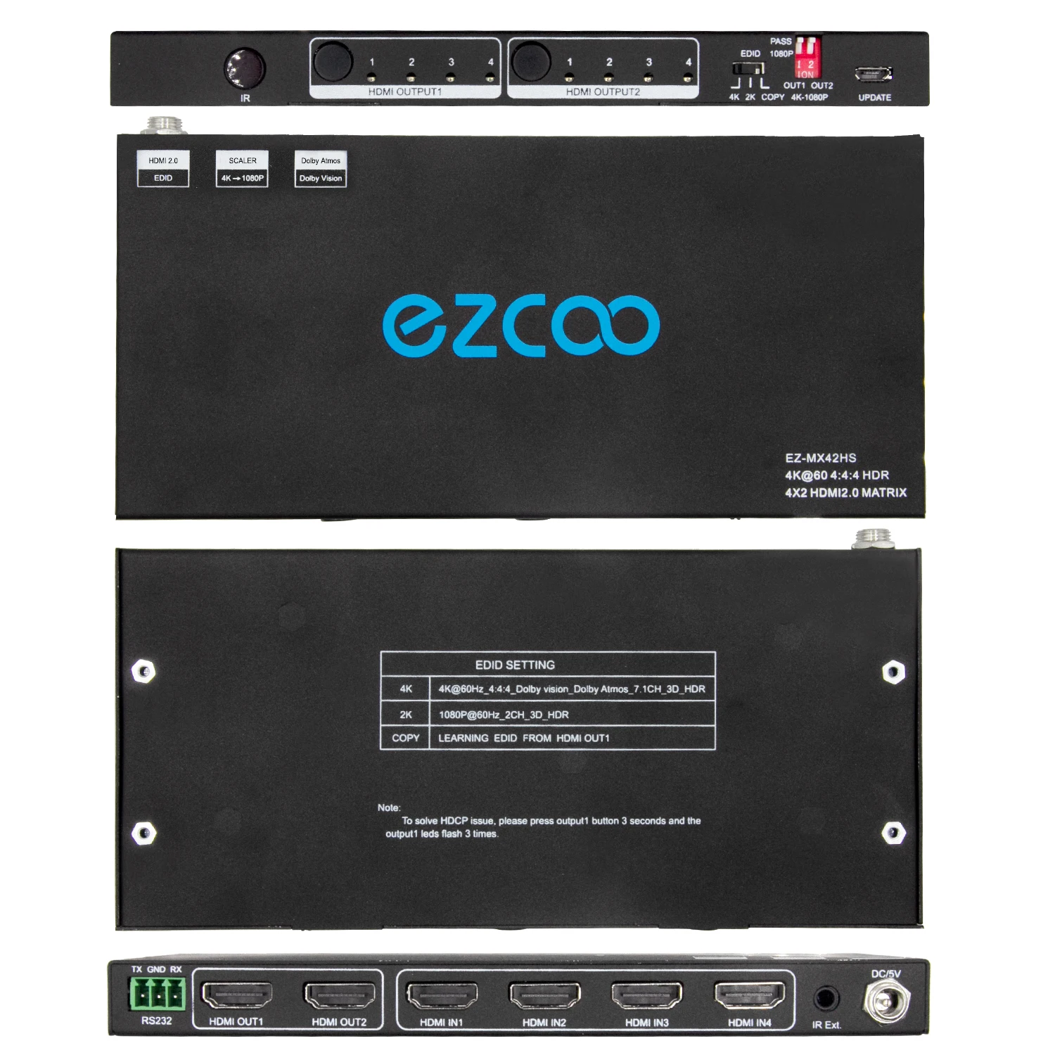 4K HD-MI Matrix Switch 4 In 2 Out with Audio Extractor CEC Down-scaler SPDIF Stereo Audio EDID Switch IR Remote Ext RS232