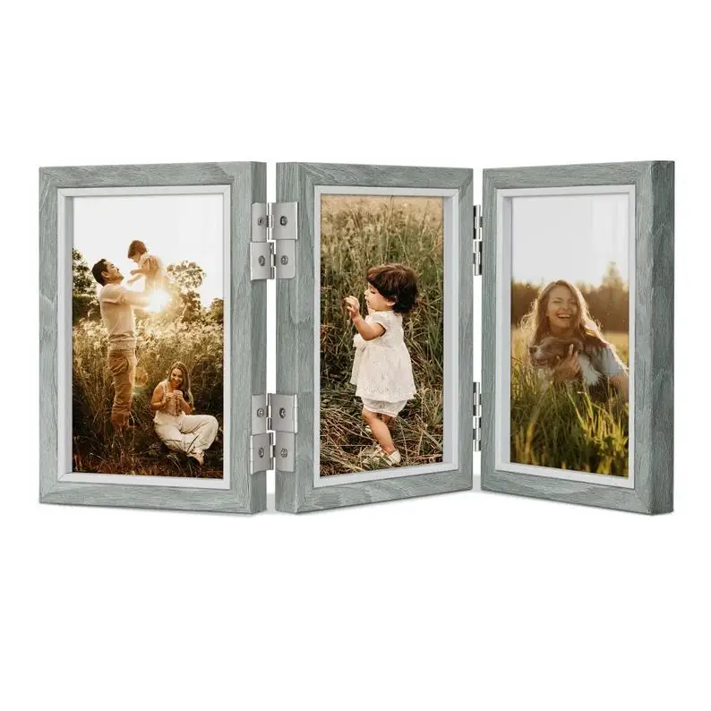 Grey Wood Grain Multi Triple Hinged Collage Picture Folding Three Photo Frames
