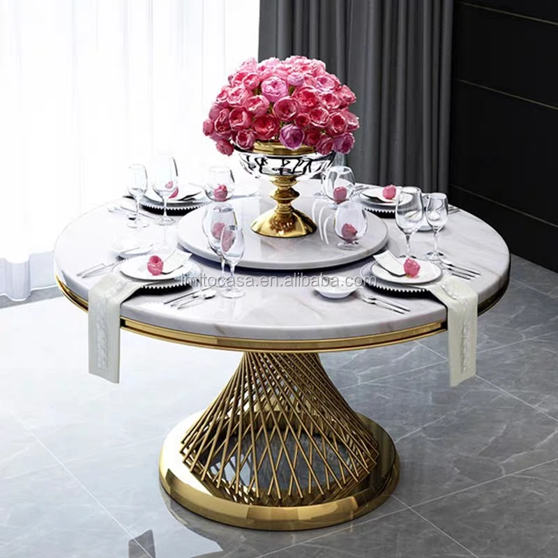 
Italy New Design White Marble Dining Table With Lazy Susan European Modern Dining Room Furniture Golden Base Round Dining Table 