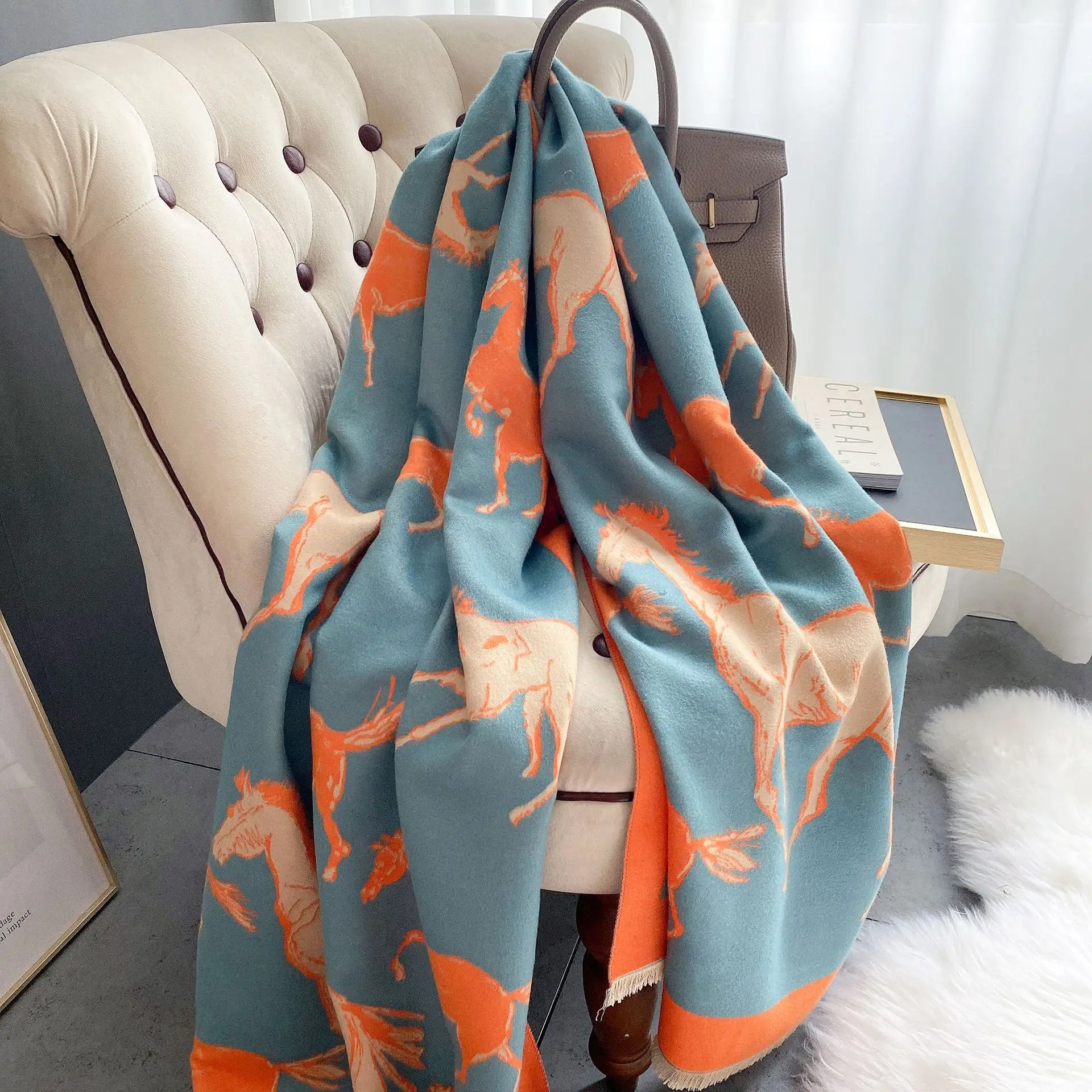 2023 ladies luxury animal horse pattern winter cashmere scarves women solid color plain double sided pashmina shawls