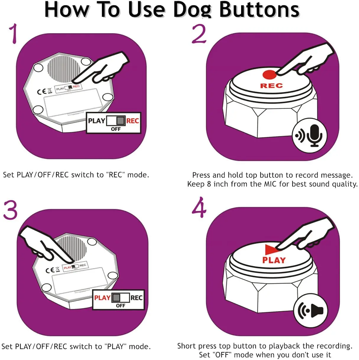 Set of 6 Recordable Buttons, 6 Dog Buttons wth 3 Mats - Record & Playback Your Own Message to Teach Your Dogs Voice What