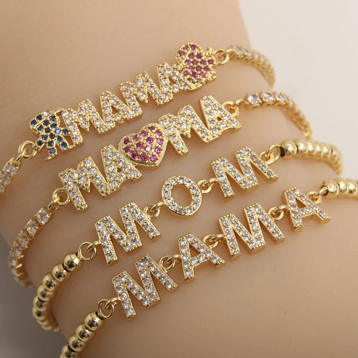 Fashion letters MAMA zircon 18k gold plated beaded with charms adjustable bracelet teen girls