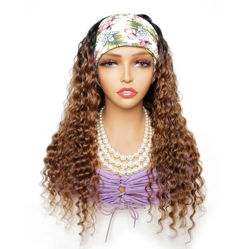 T1B/30# Deep Wave Headband Wig Vendor Ombre Brown Color Head Band Glueless Curly Raw Peruvian Human Hair Wig for Black Women