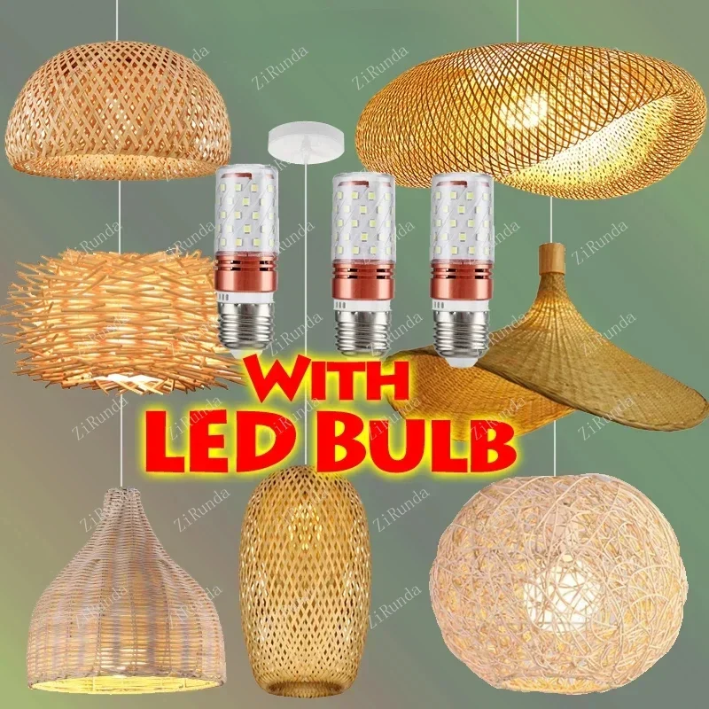 With LED Bulb Rattan Wicker Wood Pendant Light Ceiling Lustre Chandelier Hanglamp Hand Craft Home Living Bed Room Decor