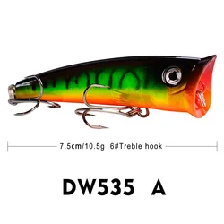 YIBAO 75mm Top Water Fishing Lure Popper with Treble Hooks Saltwater Topwater Hard Bod Artificial Bait Plastic Fishing Rig Lure
