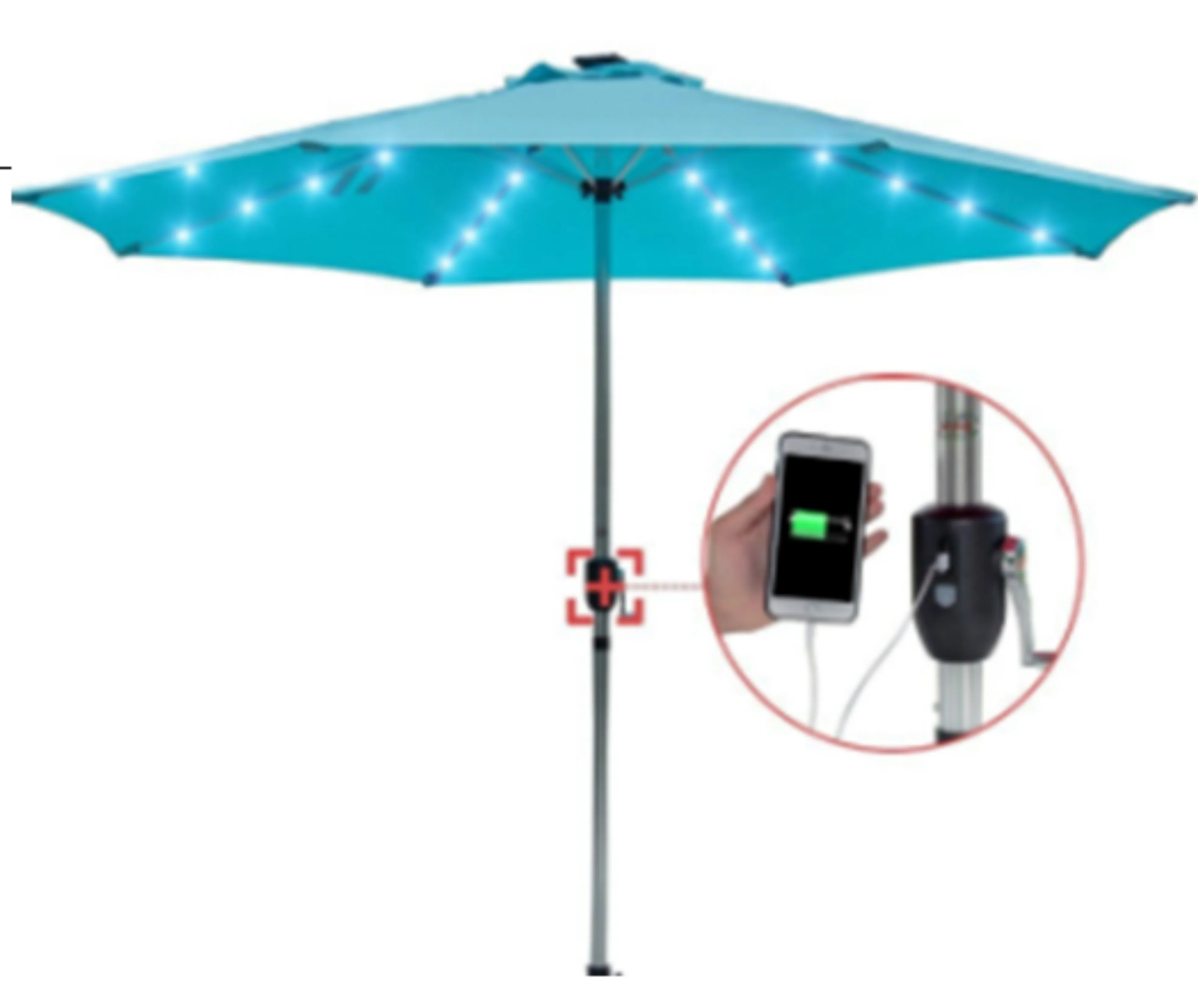 Deluxe 10 Feet Solar Powered Aluminum Market Umbrella with 32 LED Lights USB Phone Charger Anodized Finish for Outdoor Park Use
