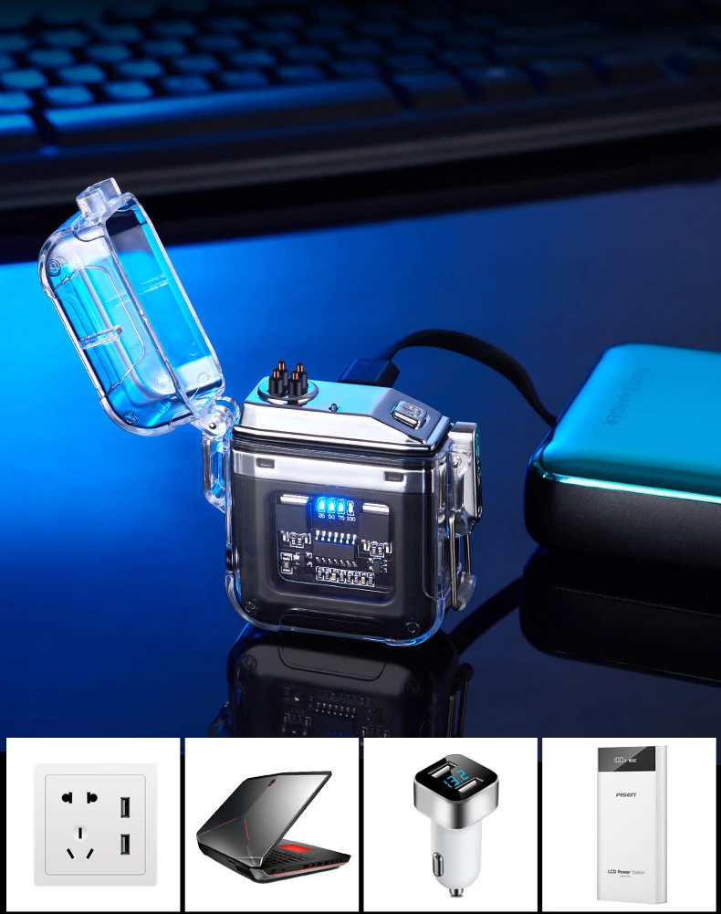 Прозрачная Водонепроницаемая двойная дуга USB перезаряжаемая Зажигалка со светодиодным фонариком уличная электрическая зажигалка для кемпинга с веревкой