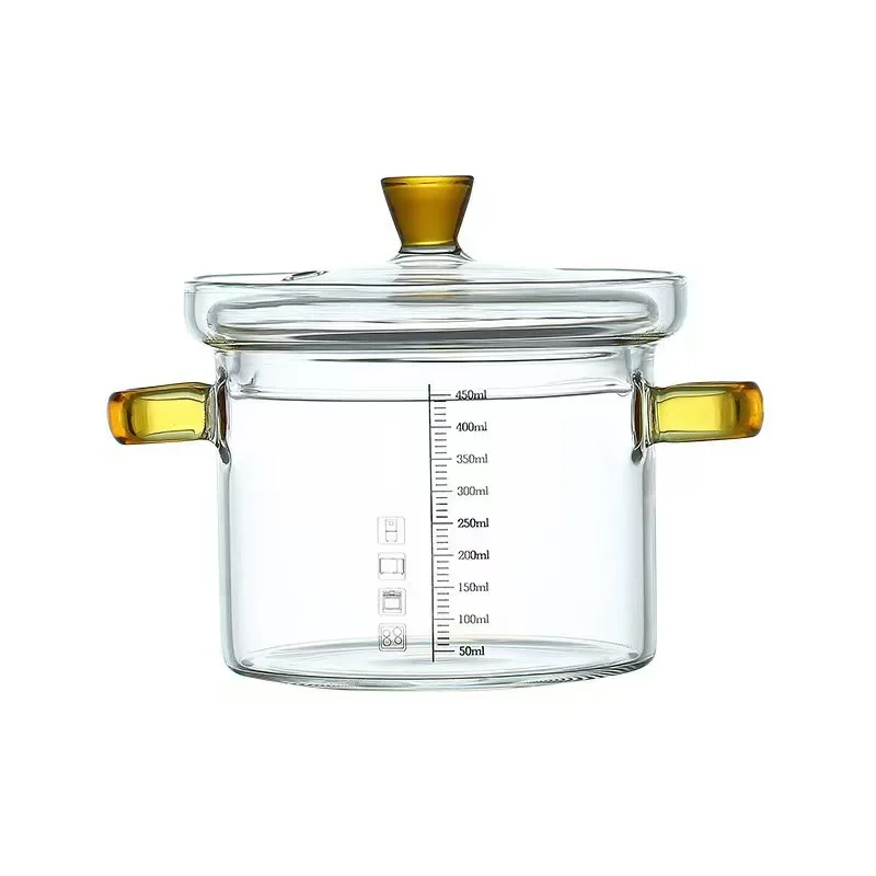 Factory Direct High Borosilicate Glass Brown Handle with Scale and Lid Baby Complementary Food Glass Pots Cookware