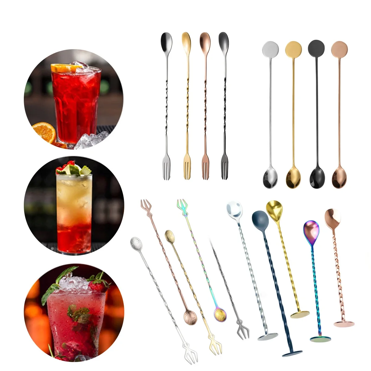 30cm 40cm 50cm Stainless Bar Spoon Customized Cocktail Mixing Spoon Bar Tools Stirring Spoon With Fork