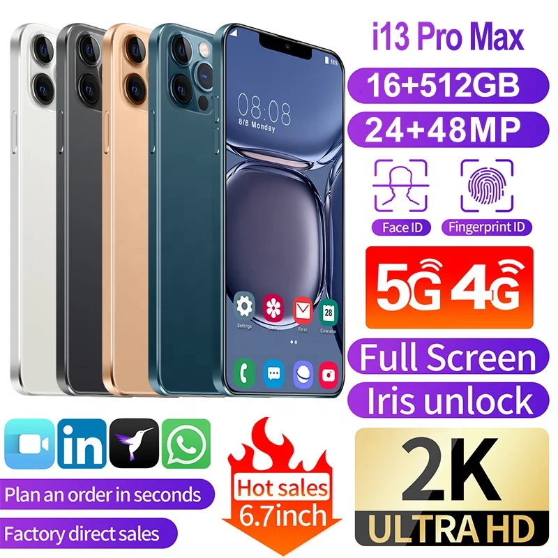 Смартфон i13 Pro Max + 6 7 дюйма 16 512 ГБ Android 10 ядер 5G LET phone 3 камера MTK6889 распознавание лица разблокированный мобильный телефон
