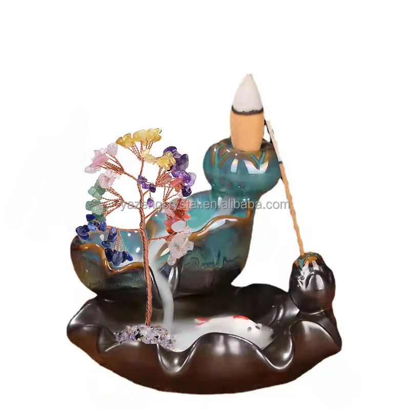 Natural Crystal Chips Tree  Meditation Aromatherapy Ceramic Backflow Incense Holder Handmade Waterfall Incense Burner