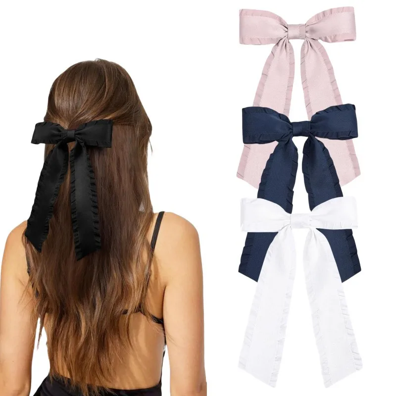 Women Girls Wholesale Hair Bows Black White Tassel Hair Ribbon Barrettes with Long Tail Elegant Hairgrips Accessories