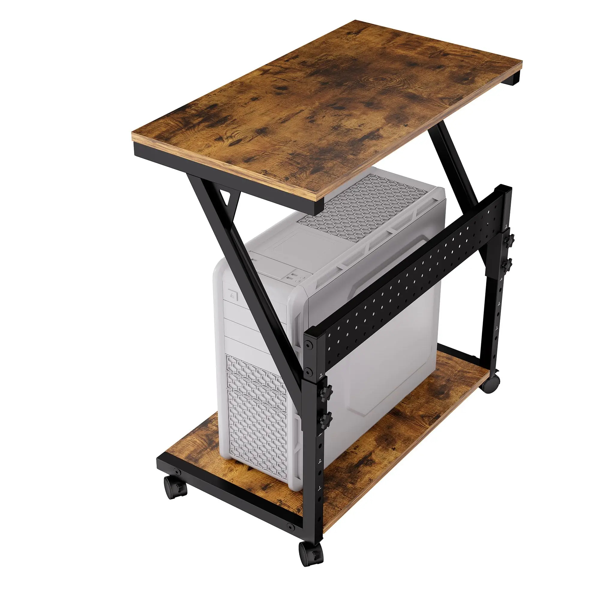 Rustic Brown 2-Tier PC Stand Lockable Rolling Wheels Adjustable Height Computer Tower Cart Home Office Gaming Desk CPU Holder