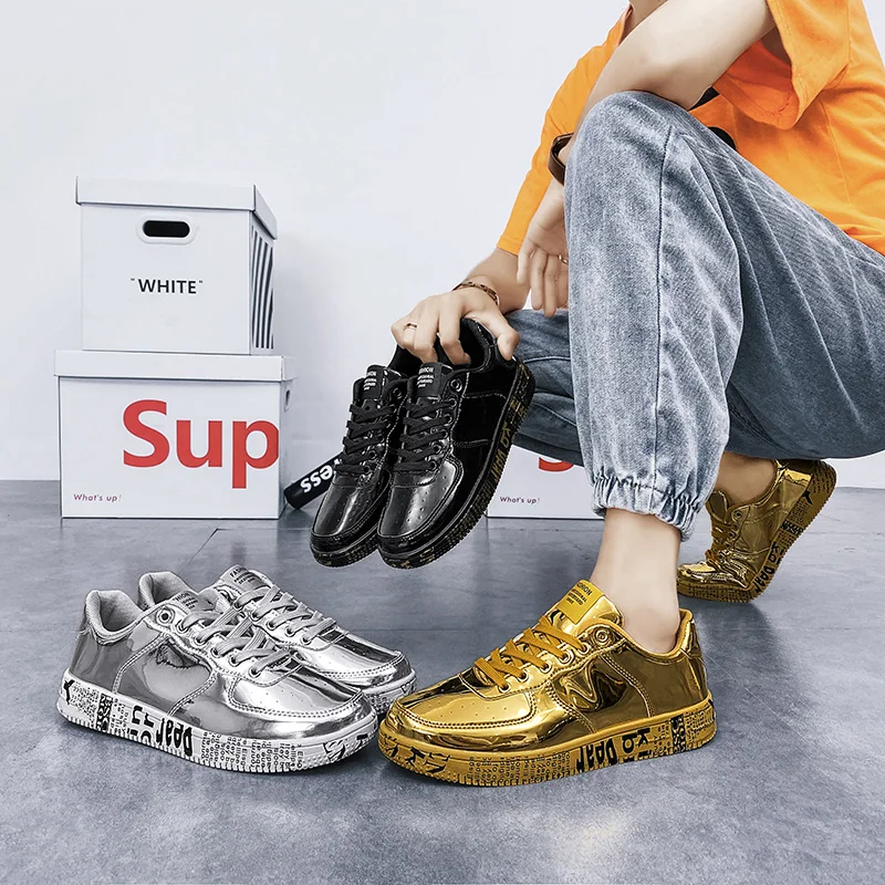 Patent Leather Upper Design Couple Print Sneakers Street Style Skateboard Sneaker For Girls And Boys