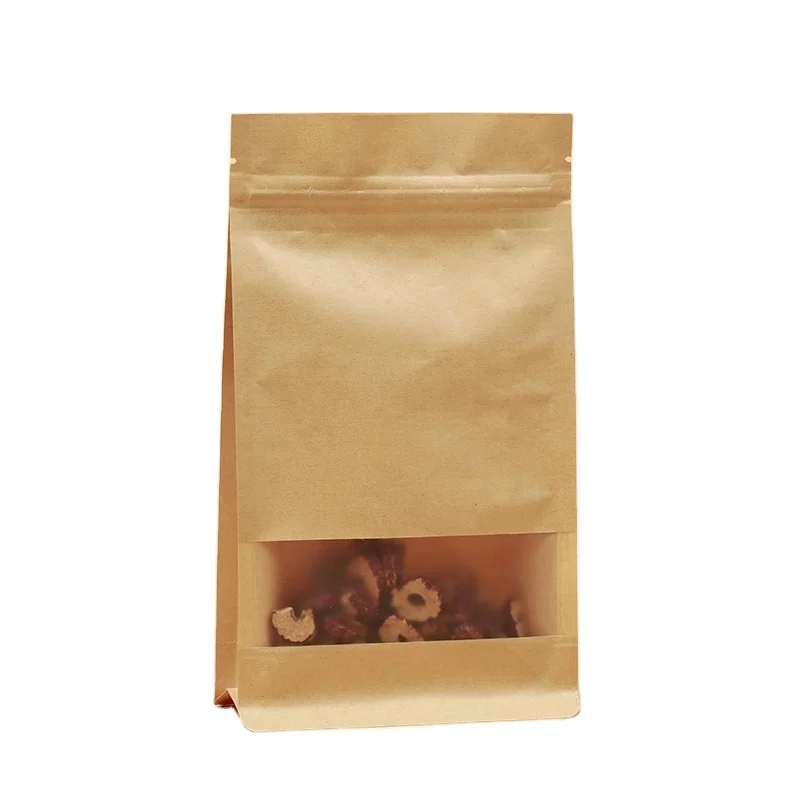 Wholesale Customized Printed Clear Window Stand Up Unprinted Pouch Brown Kraft Zipper Paper Bag For Snack Packaging